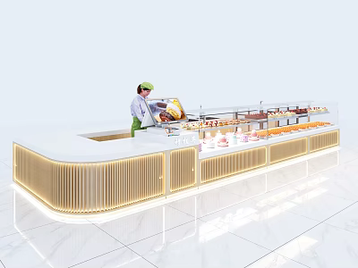 Modern Service Counter With White Countertop Gold Stripes And Dessert Display Cases 3d model