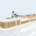 Modern Service Counter With White Countertop Gold Stripes And Dessert Display Cases