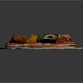 Assorted Japanese Sushi And Fried Items On Red Tray With White Paper