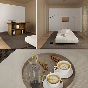 Modern Tea Set Middle Ancient Study Minimalist Middle Ancient Study Desk Sofa Cushion Combination Creative Desk Sofa Floor Lamp Leisure Chair Single Chair 3d model