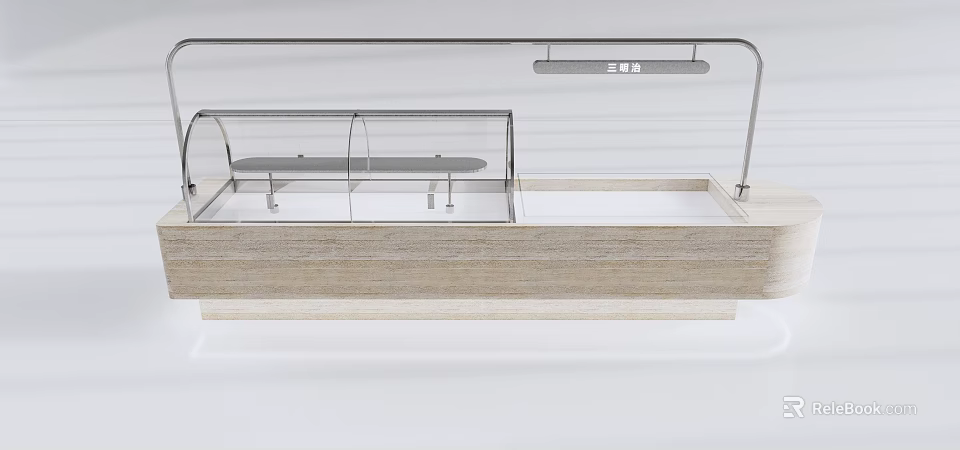 Modern Display Shelf With Glass Cover Wooden Countertop Metal Frame And Top Lighting Design 3d model 