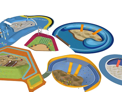 Playground Equipment Featuring Colorful Wave Shaped Circular Areas Sand Pits Slides And Climbing Structures 3d model