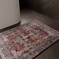 Square Rug Featuring Intricate Red Beige Pattern On Dark Wooden Floor With White Furniture