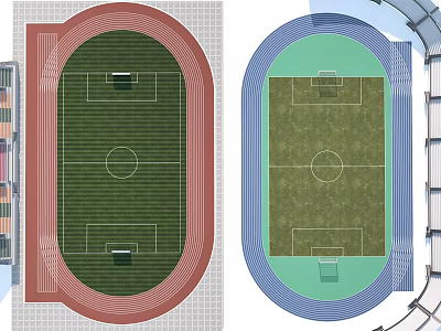 Football Field Layout With Red And Blue Running Tracks And Surrounding Stands Design 3d model