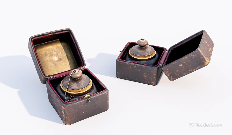Vintage Decorative Ornament Set with Open Leather Boxes and Metal Lidded Pieces 3d model 