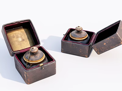 Vintage Decorative Ornament Set with Open Leather Boxes and Metal Lidded Pieces 3d model