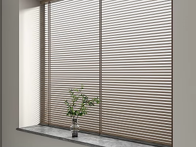 Wooden Venetian Blinds In Modern Room With Green Plant In Vase On Window Sill 3d model