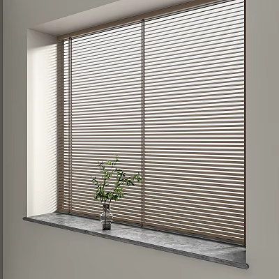 Wooden Venetian Blinds In Modern Room With Green Plant In Vase On Window Sill 3d model