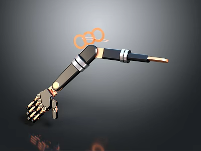 Black Gold Robotic Arm With Silver Details Claw Hand And Orange Rings On Dark Background 3d model