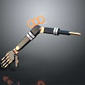 Black Gold Robotic Arm With Silver Details Claw Hand And Orange Rings On Dark Background