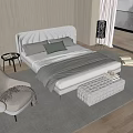 Elegant Modern Bedroom Interior With White Upholstered Double Bed Gray Pillows And Light Gray Armchair