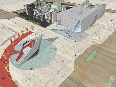 Modern Museum Building With Geometric Facade Open Plaza And Glass Structure 3d model