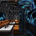 KTV Interior Design With Starry Sky Backdrop Brown Leather Sofas Coffee Tables And Neon Lights 3d model