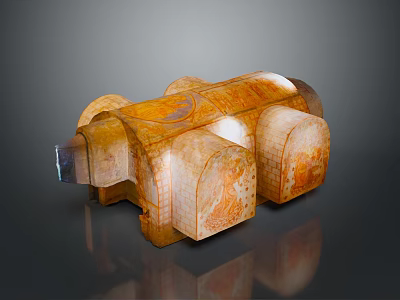 3D Orange Textured Architectural Structure With Cylindrical Arches And Reflective Surface 3d model