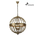 Elegant Vintage Brass Chandelier With Spherical Beaded Design And Chain Hung Structure