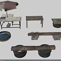 Outdoor Scene Components with Umbrella Wooden Tables Benches Tire Bases and Colorful Bowl