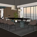 Modern Dining Room With Wooden Floor Large Windows Mountain View Pendant Lights And Potted Plant