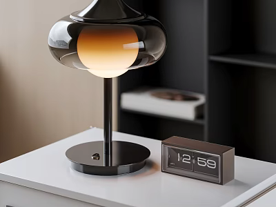Modern Black and Orange Table Lamp with Digital Clock on White Table 3d model