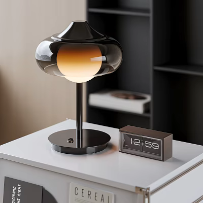 Modern Black and Orange Table Lamp with Digital Clock on White Table 3d model