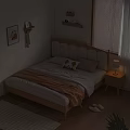 Cozy Wooden Double Bed with Scalloped Headboard Orange Blanket Pillows Nightstand Lamp Wall Art Floating Shelves