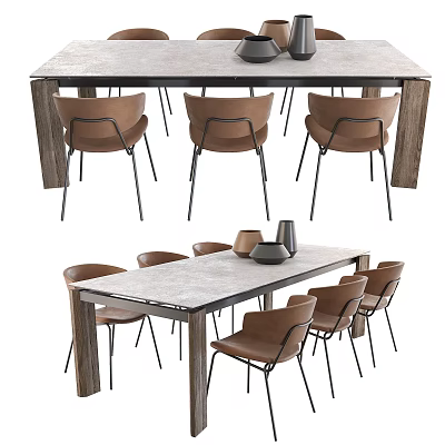 Modern Dining Table Set With Wooden Frame Stone Top Brown Leather Chairs Metal Legs 3d model