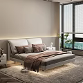 Modern Double Bed With White Headboard Pillows Nightstands And Rug On Light Gray Wall