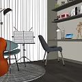 Modern Study Room Interior With Cello Music Stand Desk Laptop Green Plants And Bookshelves
