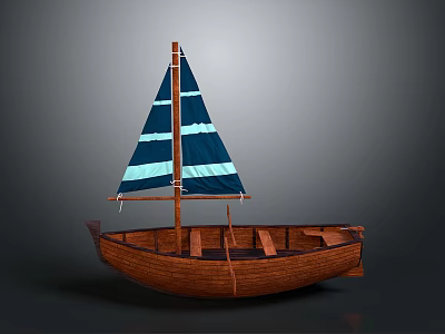 Wooden Sailboat Featuring Blue And White Striped Sail Wooden Hull And Seats 3d model