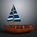 Wooden Sailboat Featuring Blue And White Striped Sail Wooden Hull And Seats