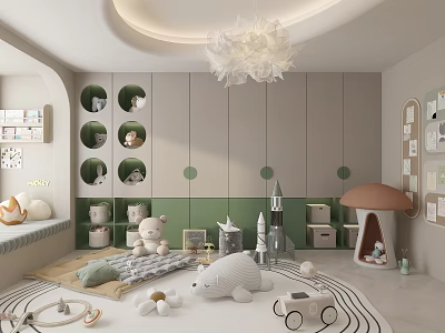 Cute Kids Play Area Decorative Cabinet With Green Grey Circular Storage Design And Toys 3d model