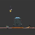 Mine Cart With Blue Ores On Railroad Tracks Near Lantern Hard Hat And Axe