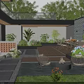 Lush Garden Courtyard Design With Wooden Deck Fire Pit Dining Set And Lush Green Plants
