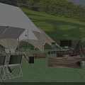 Scenic Camping Site With White Tents Green Grass Trees And Wooden Tables