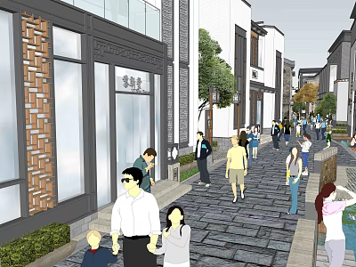 Traditional Commercial Street With Pedestrians Shops Stone-paved Path And Green Plants 3d model