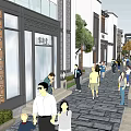 Traditional Commercial Street With Pedestrians Shops Stone-paved Path And Green Plants