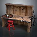 Vintage Functional Wooden Workbench with Circular Turntable Tools Red Stool and Tool Rack 3d model