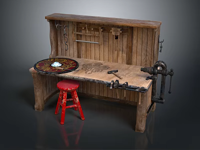 Vintage Functional Wooden Workbench with Circular Turntable Tools Red Stool and Tool Rack 3d model