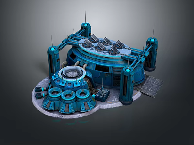 Cartoon Sci Fi Base Scene Featuring Blue Circular Structure Solar Panels Tower And Mechanical Elements 3d model
