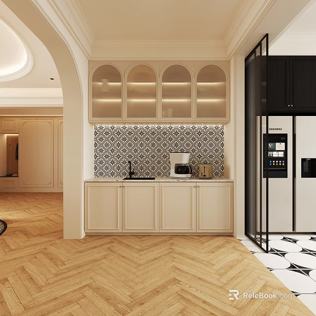 Modern Beige Kitchen Sideboard With Arched Glass Cabinets And Black White Patterned Tile Backsplash 3d model