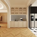 Modern Beige Kitchen Sideboard With Arched Glass Cabinets And Black White Patterned Tile Backsplash 3d model