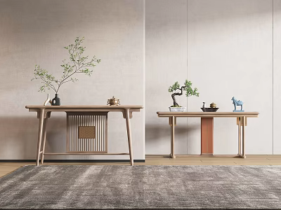 Minimalist Console Tables with Plants and Decorative Items Against Light-Colored Walls and Floor Rug 3d model