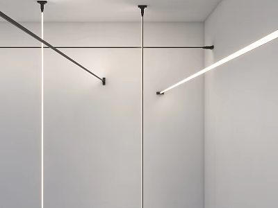 Minimalist Interior Space With Linear Ceiling Lighting Metal Brackets And White Walls 3d model