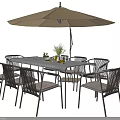 Stylish Black Metal Outdoor Patio Table With Wicker Chairs And Beige Umbrella