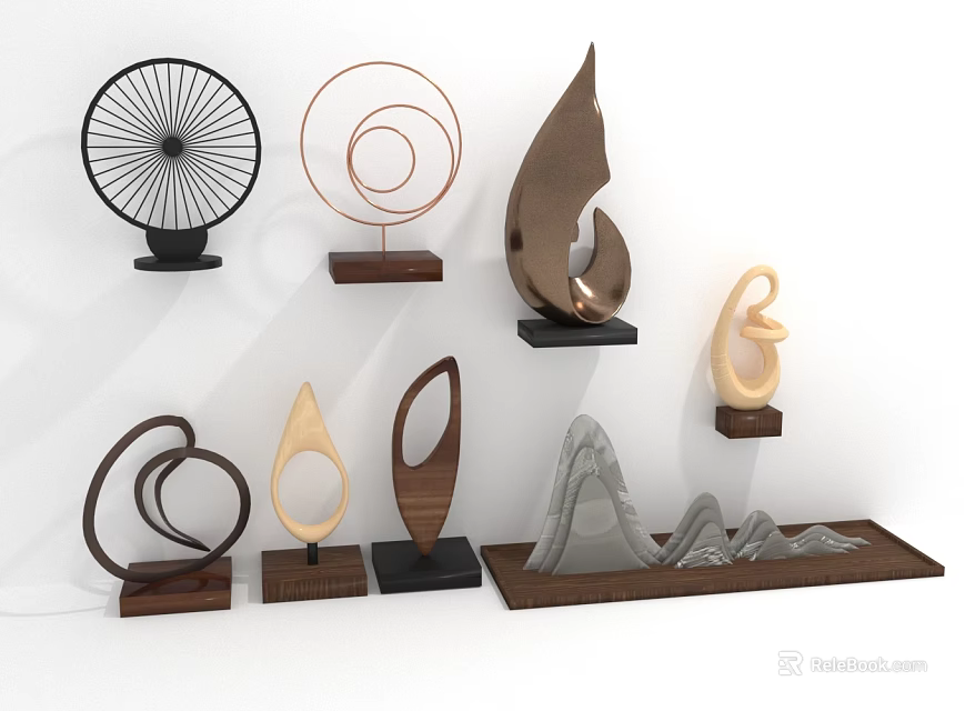 Modern Decorative Furniture Ornaments With Abstract Shapes Wooden Bases And Different Colors 3d model 