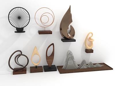 Modern Decorative Furniture Ornaments With Abstract Shapes Wooden Bases And Different Colors 3d model