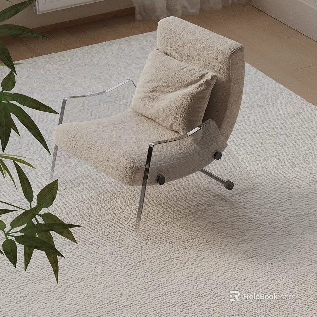 Modern Beige Upholstered Lounge Chair With Metal Legs On Soft Rug Near Green Plant 3d model 