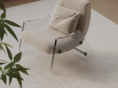Modern Beige Upholstered Lounge Chair With Metal Legs On Soft Rug Near Green Plant 3d model