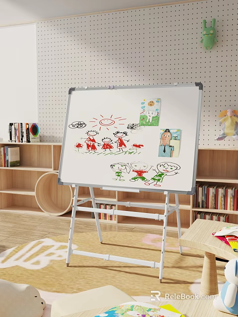 Colorful Children's Drawings On Whiteboard In Kids Room With Bookshelves 3d model 