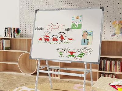 Colorful Children's Drawings On Whiteboard In Kids Room With Bookshelves 3d model