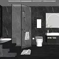 Modern Bathroom Interior With Glass Shower Bathtub Round Mirror Marble Walls And Black Gray Tones